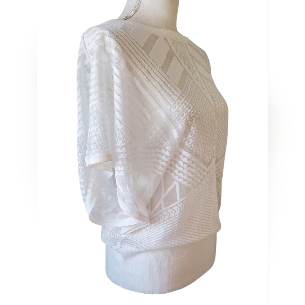 White House Black Market White Textured Sheer Blouson Top Dolman Sleeve Size L